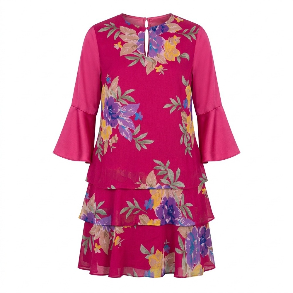 Lauren Ralph Lauren Pink Floral Tiered Bell Sleeve Shift Dress Womens 12